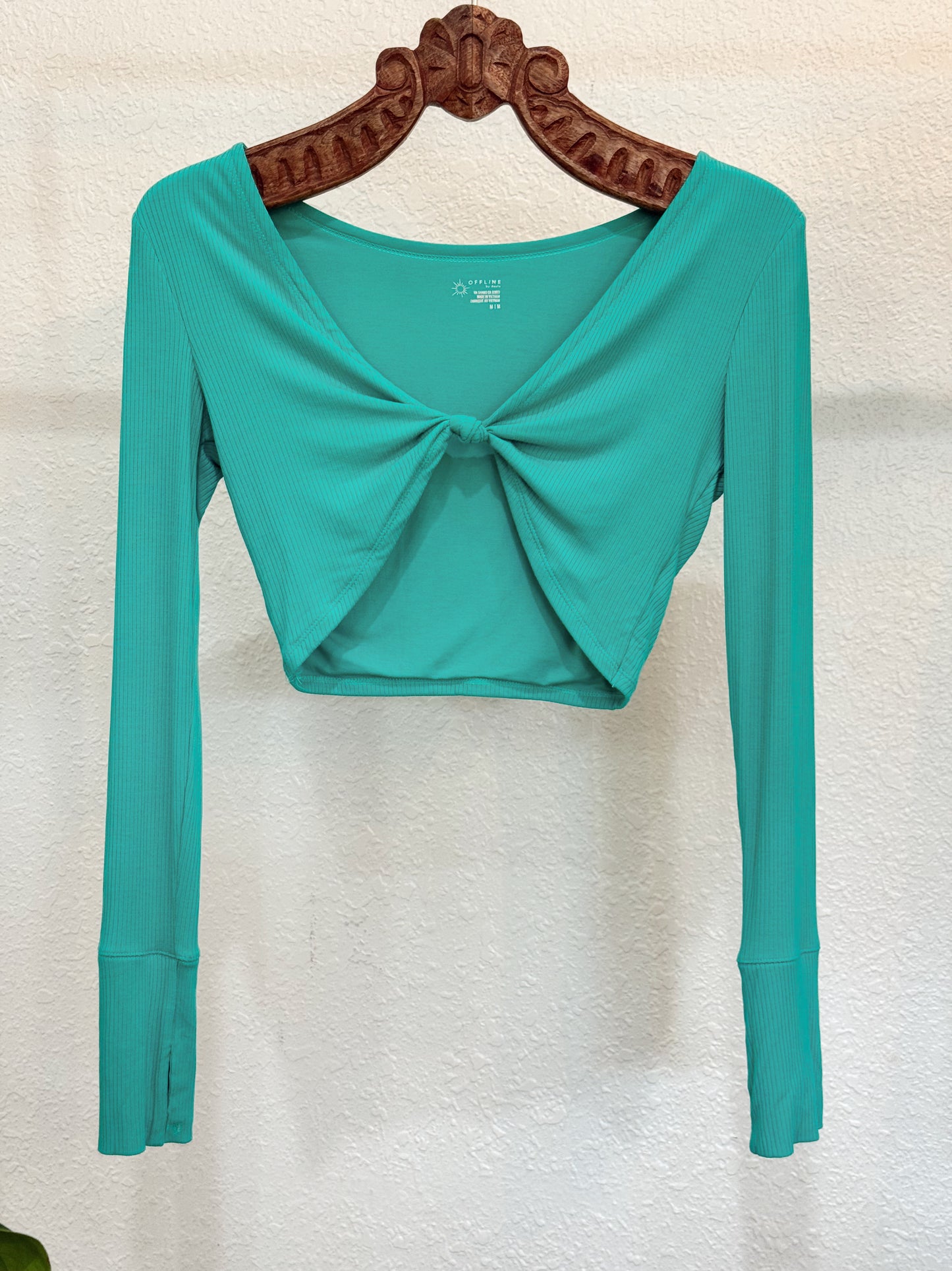 Teal Ribbed Long Sleeve Knot-Back Crop Top – Offline by Aerie (Size M)