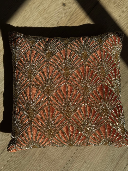 Art Deco Burnt Orange Velvet Pillow with Beaded Detailing