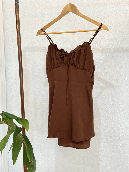 Cozy Fox Brown Ruched Romper – Size Small