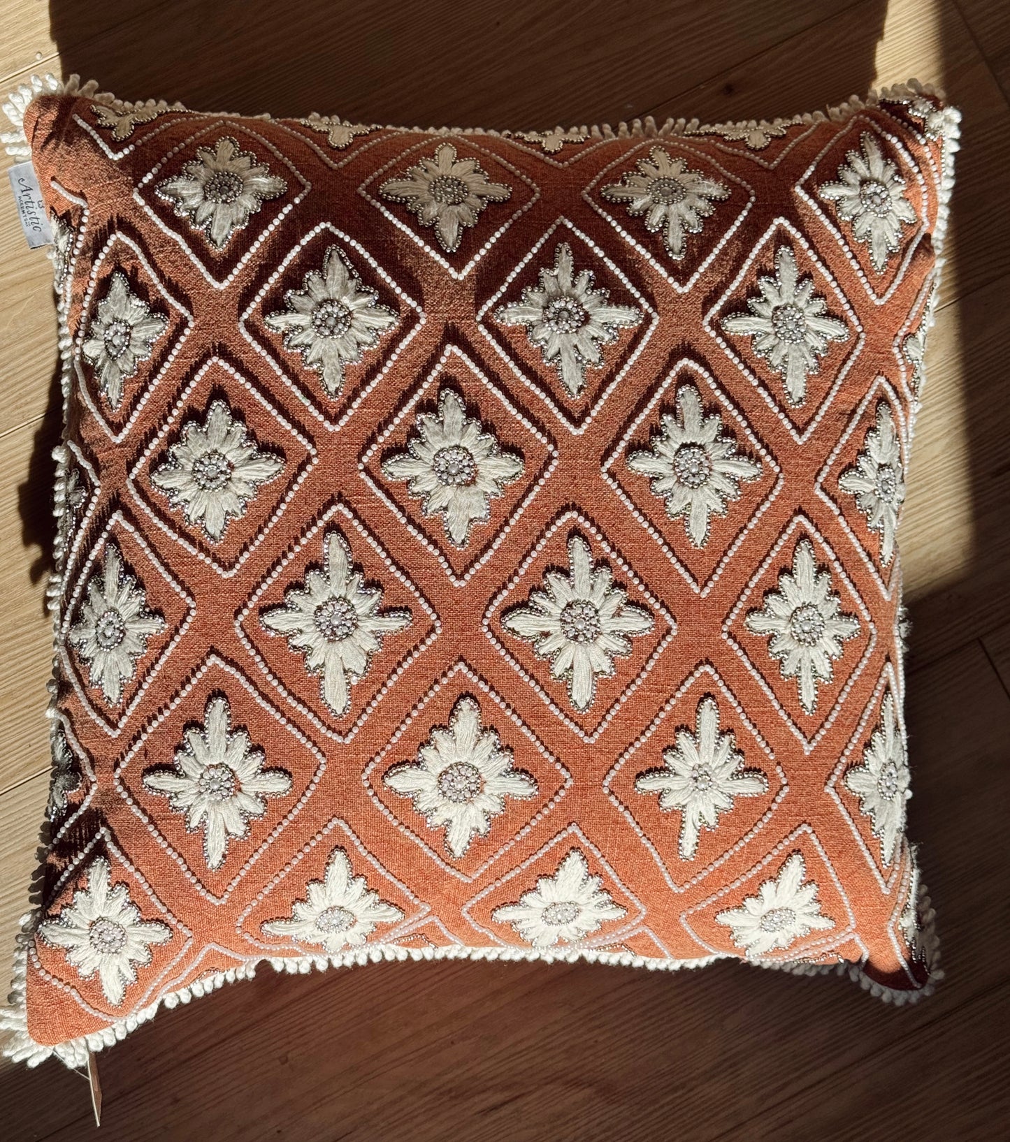 Terracotta Diamond Embroidered Pillow with White Floral Motif
