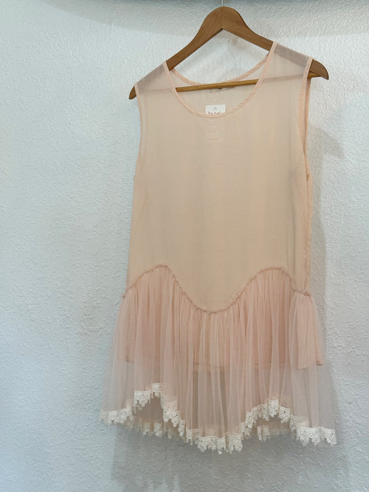 Hazel Blush Sheer Mesh Dress with Tulle Skirt and Lace Trim – Size L (Anthropologie)