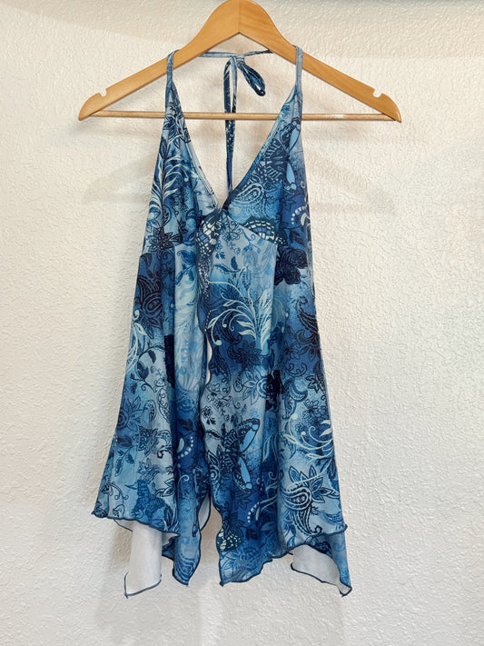 Blue Butterfly Handkerchief Hem Tie-Halter Top – Size Small