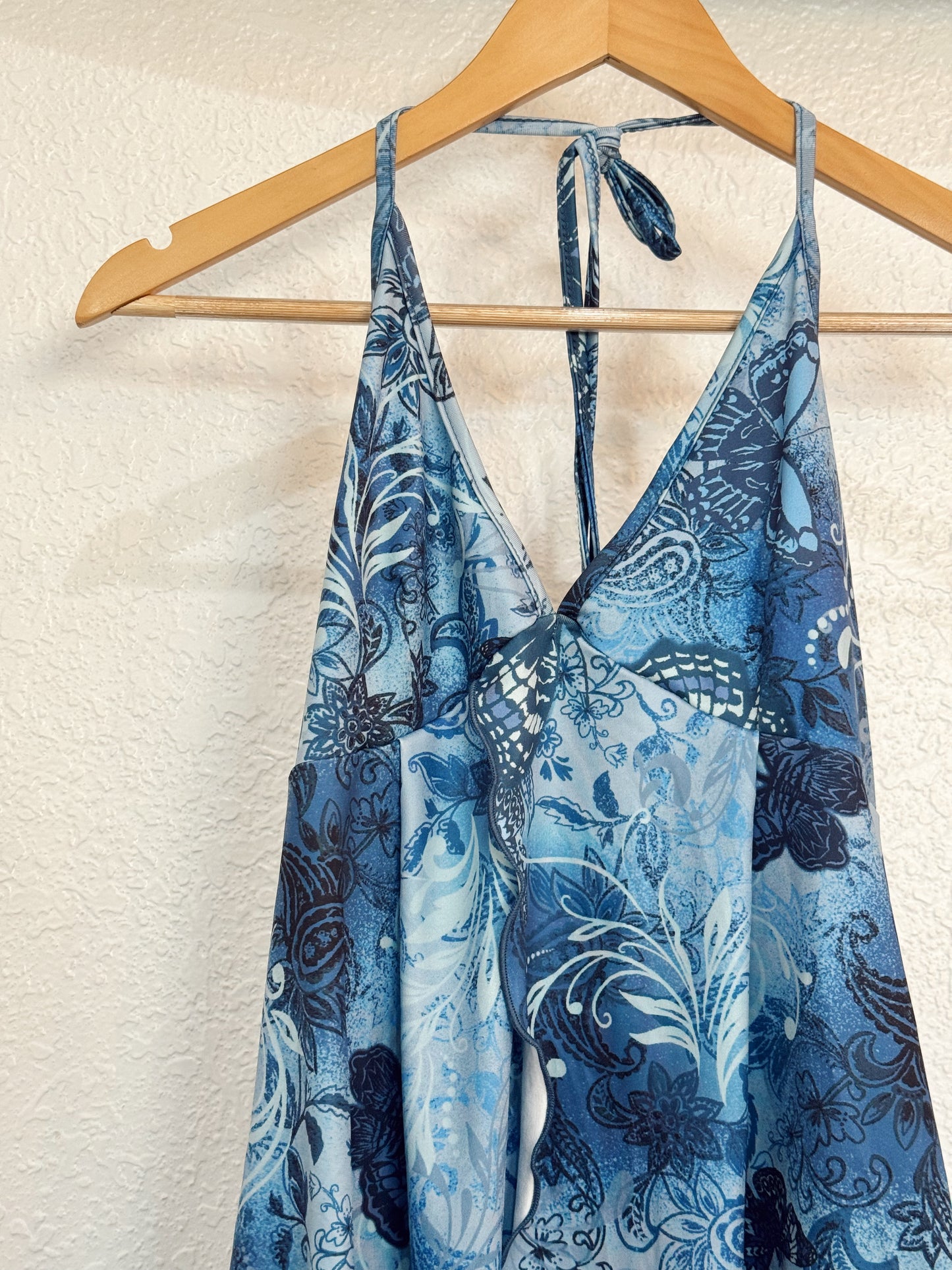 Blue Butterfly Handkerchief Hem Tie-Halter Top – Size Small