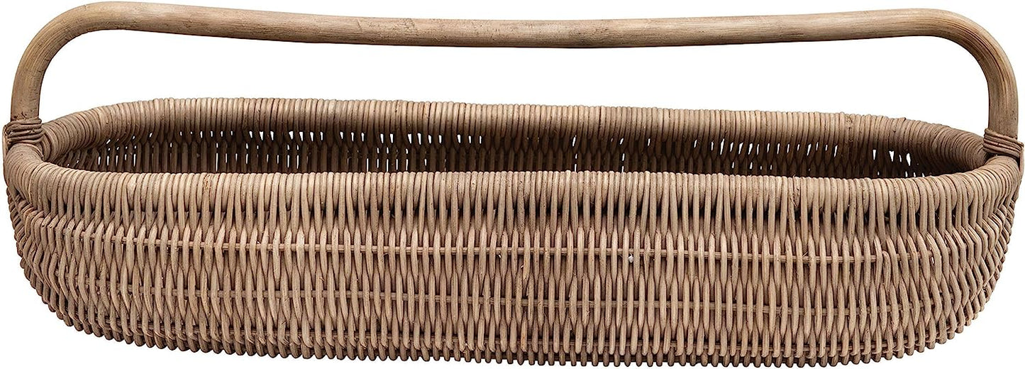 handwoven rattan basket with curved handle