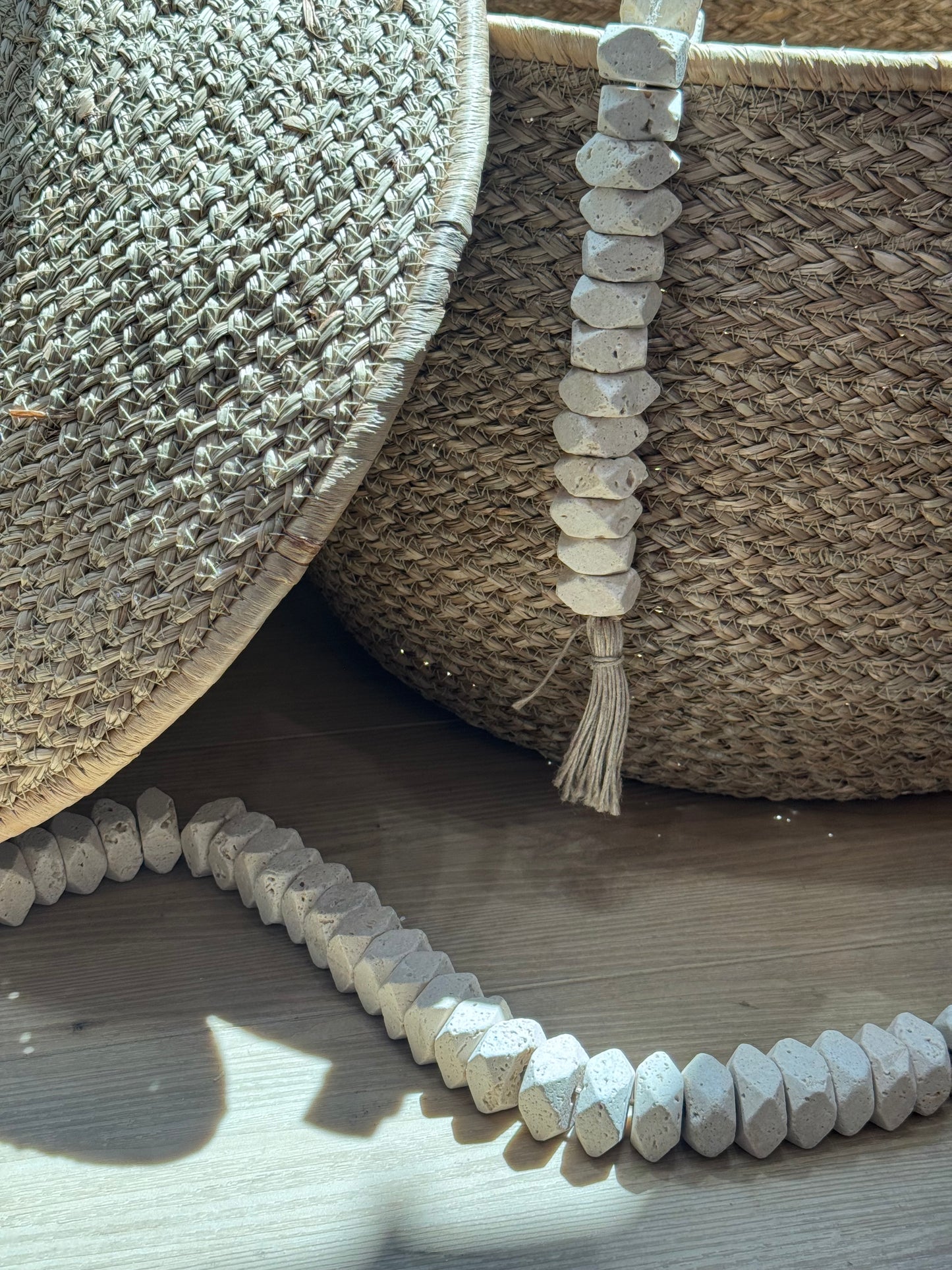 Natural Travertine Stone Beads with Tassel – Decorative Strand