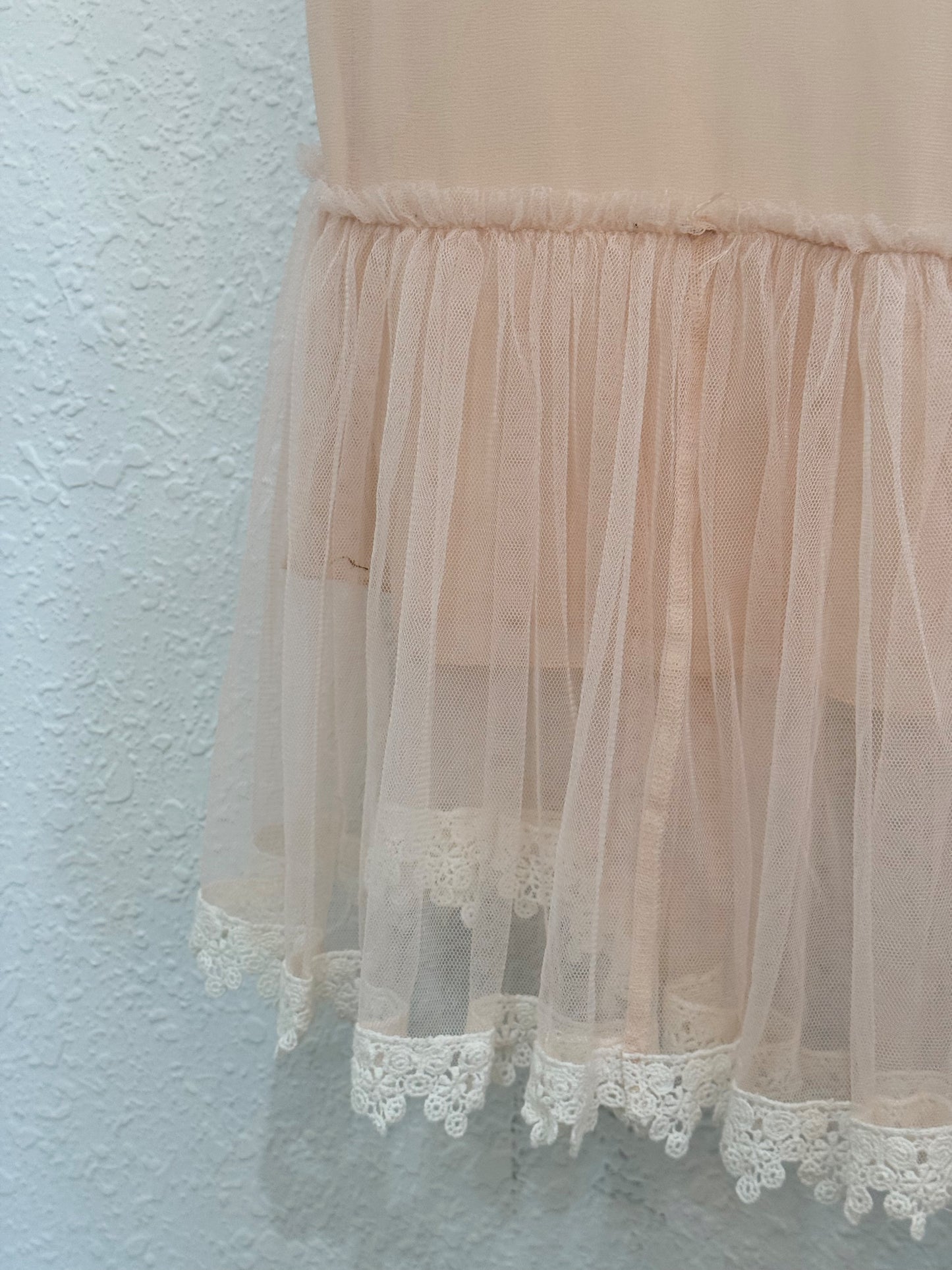 Hazel Blush Sheer Mesh Dress with Tulle Skirt and Lace Trim – Size L (Anthropologie)