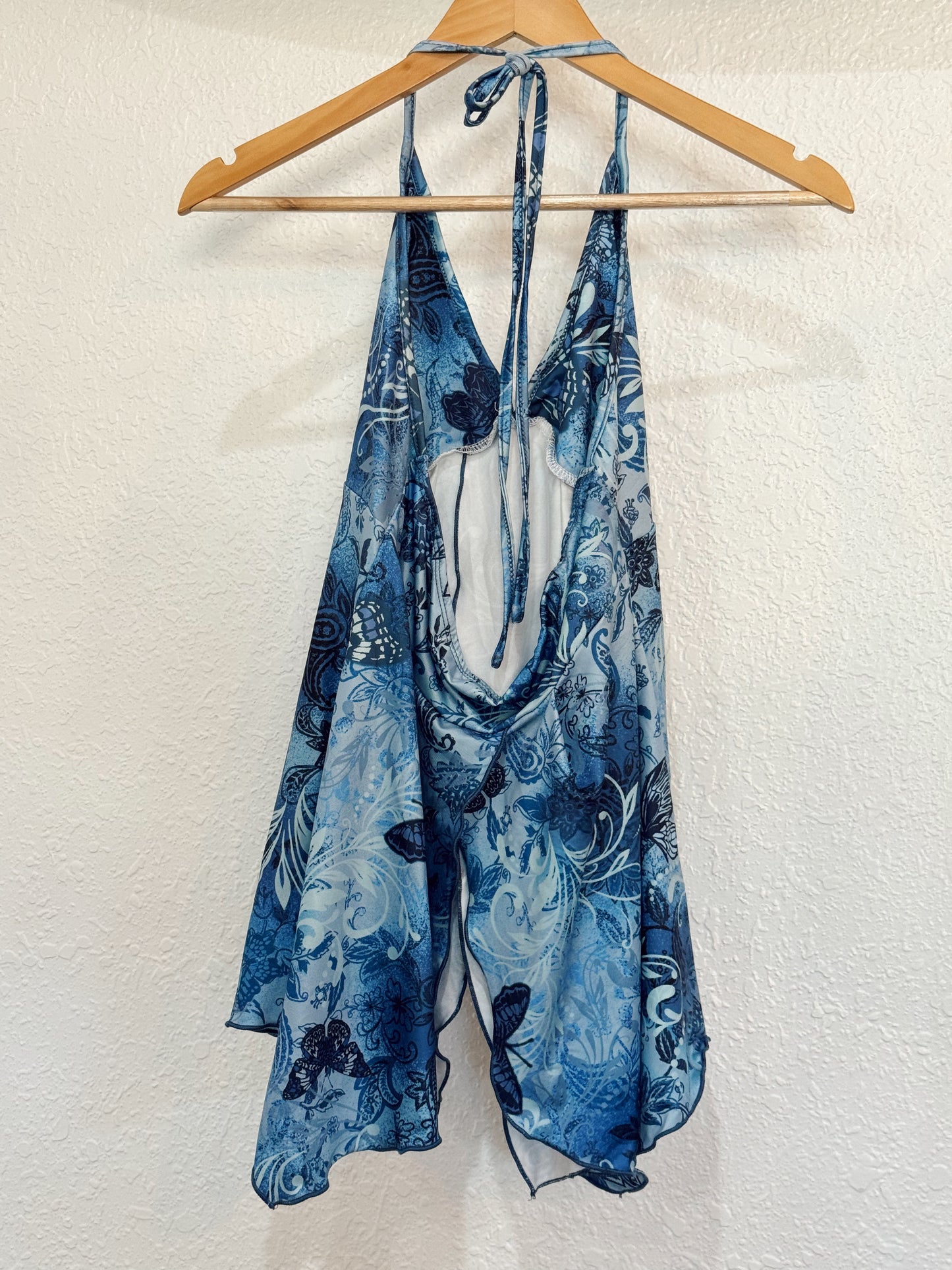 Blue Butterfly Handkerchief Hem Tie-Halter Top – Size Small