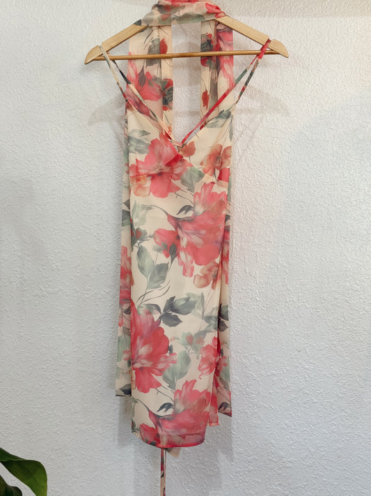 Floral Chiffon Halter Dress with Matching Scarf – Open Back Tie Detail – Size S/M