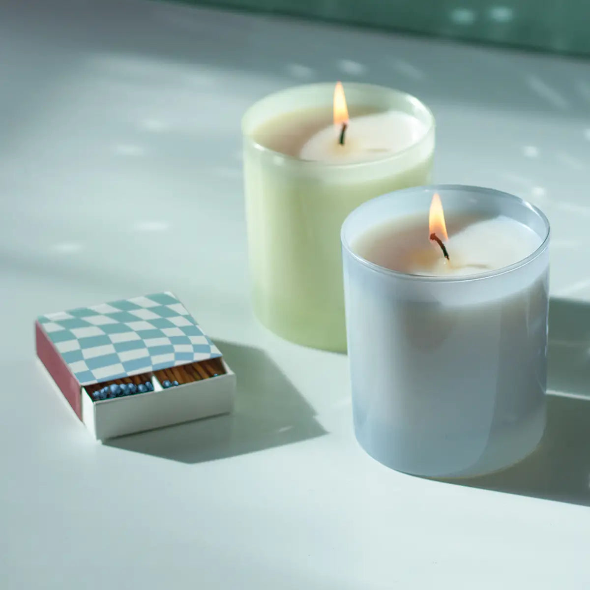 Wavy Checker Square Matchbox – Light Blue Tipped Matches | GP Candle Co.