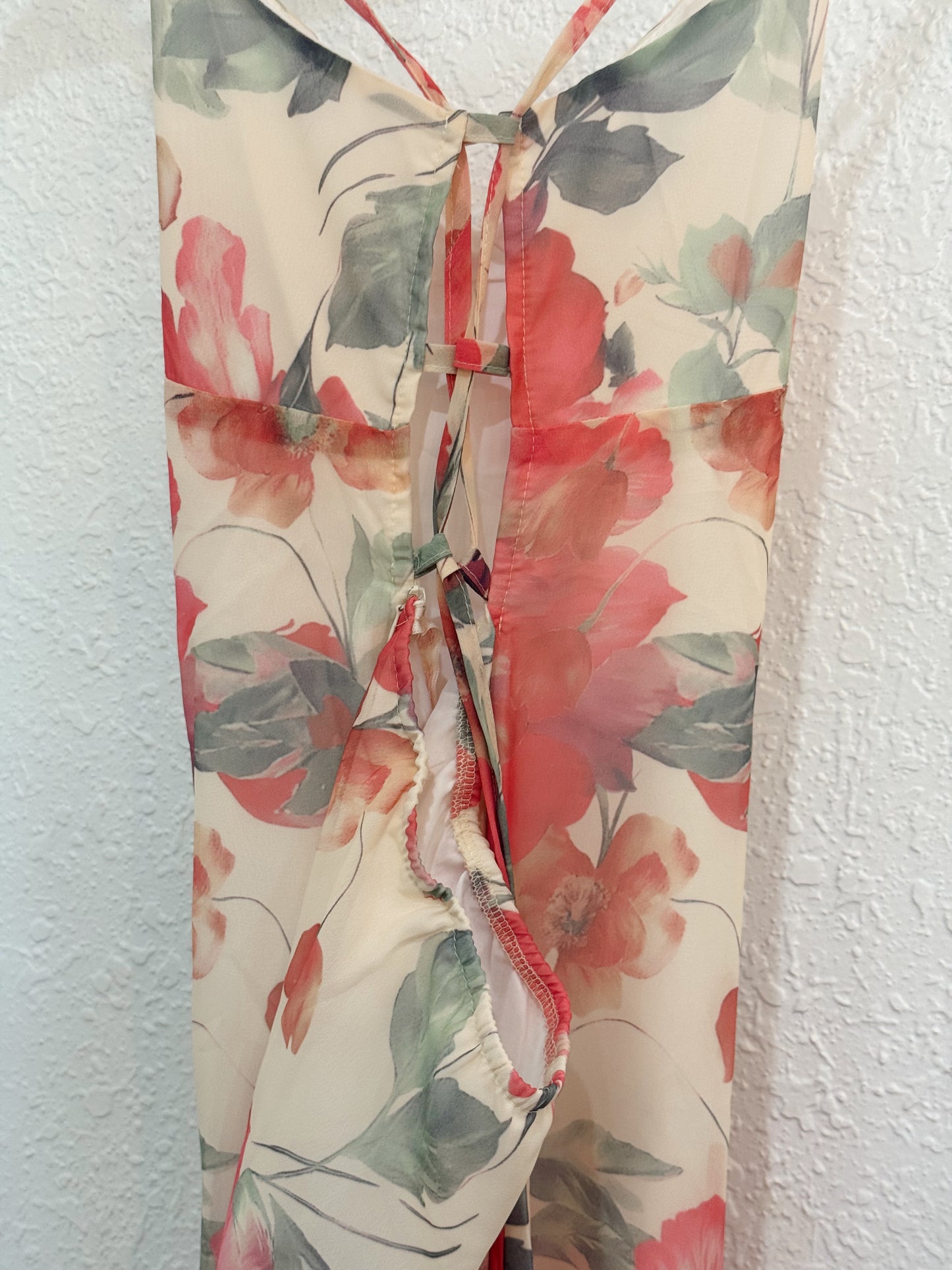 Floral Chiffon Halter Dress with Matching Scarf – Open Back Tie Detail – Size S/M