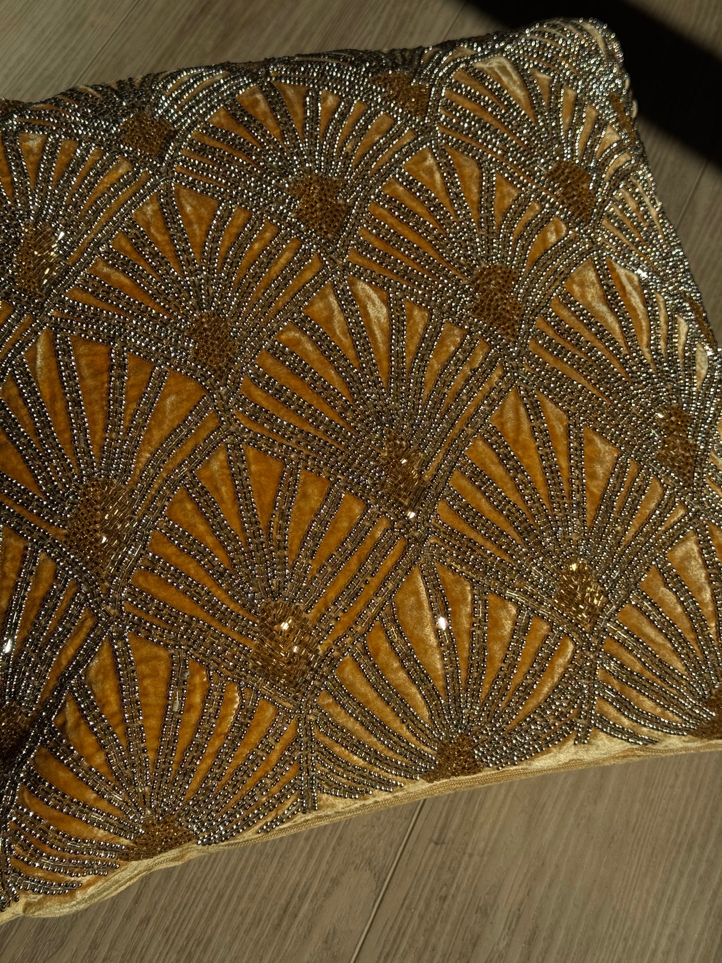 Golden Art Deco Beaded Velvet Throw Pillow