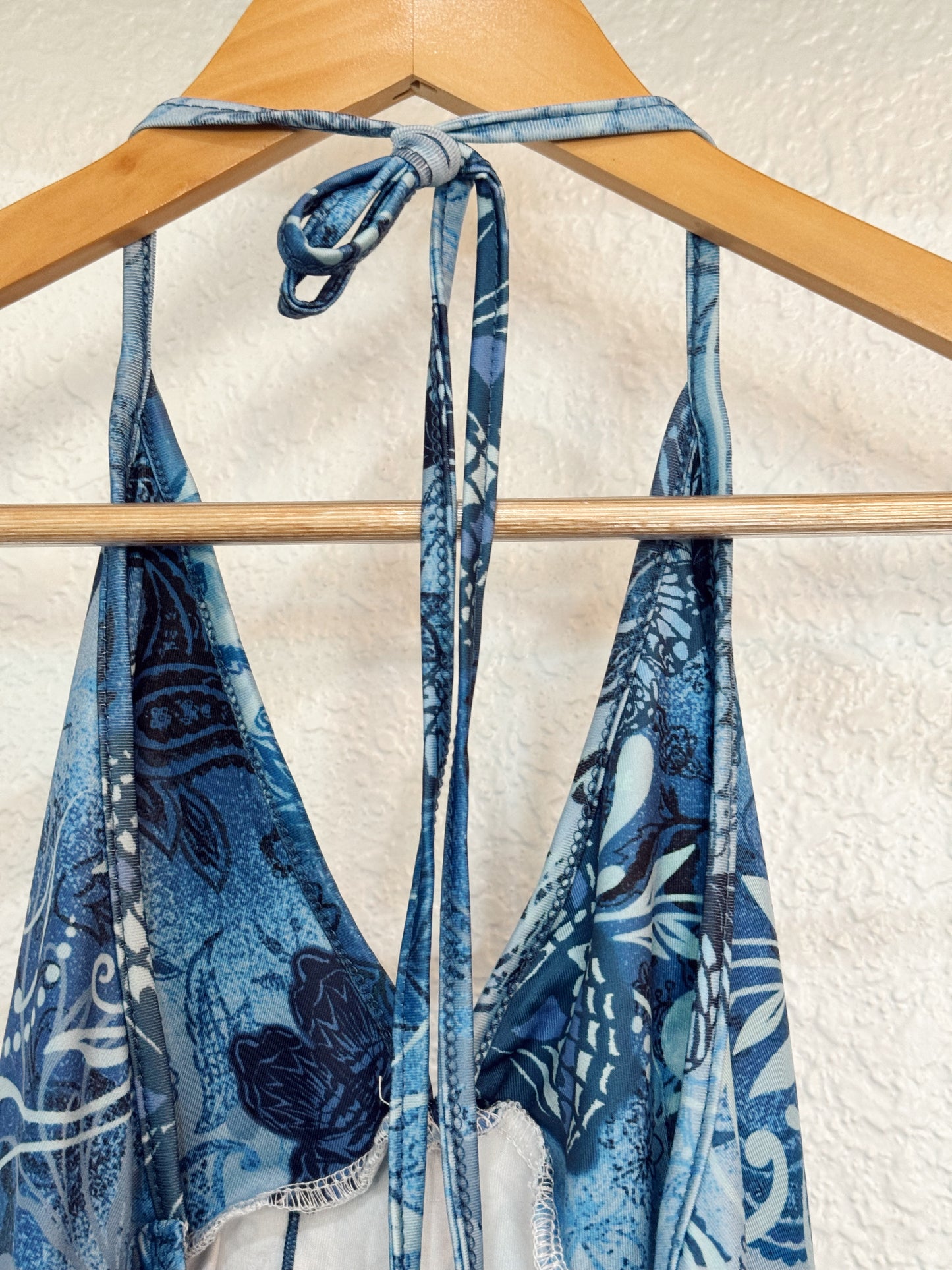 Blue Butterfly Handkerchief Hem Tie-Halter Top – Size Small