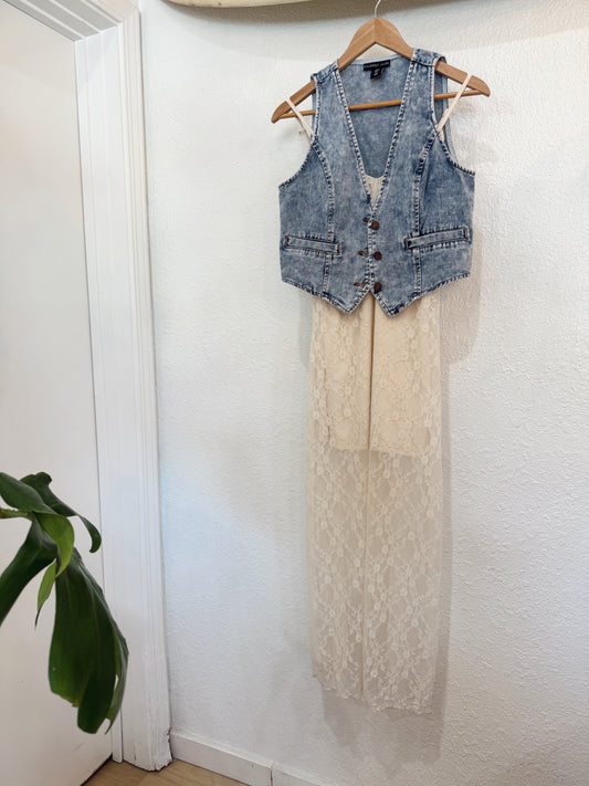 Sincerely Jules Denim Vest & Lace Maxi Dress Set – Size M