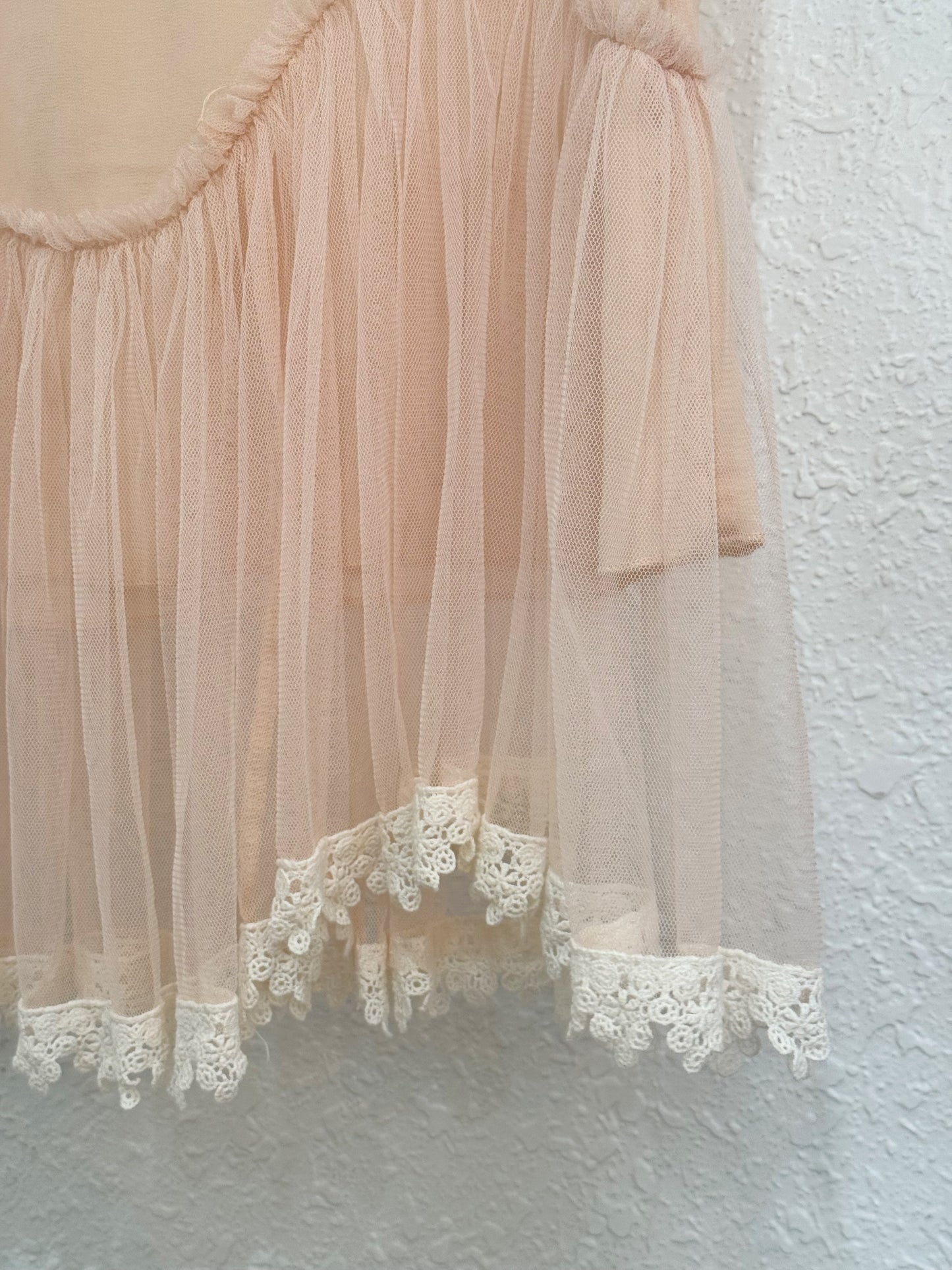 Hazel Blush Sheer Mesh Dress with Tulle Skirt and Lace Trim – Size L (Anthropologie)