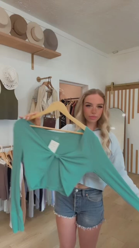 Teal Ribbed Long Sleeve Knot-Back Crop Top – Offline by Aerie (Size M)