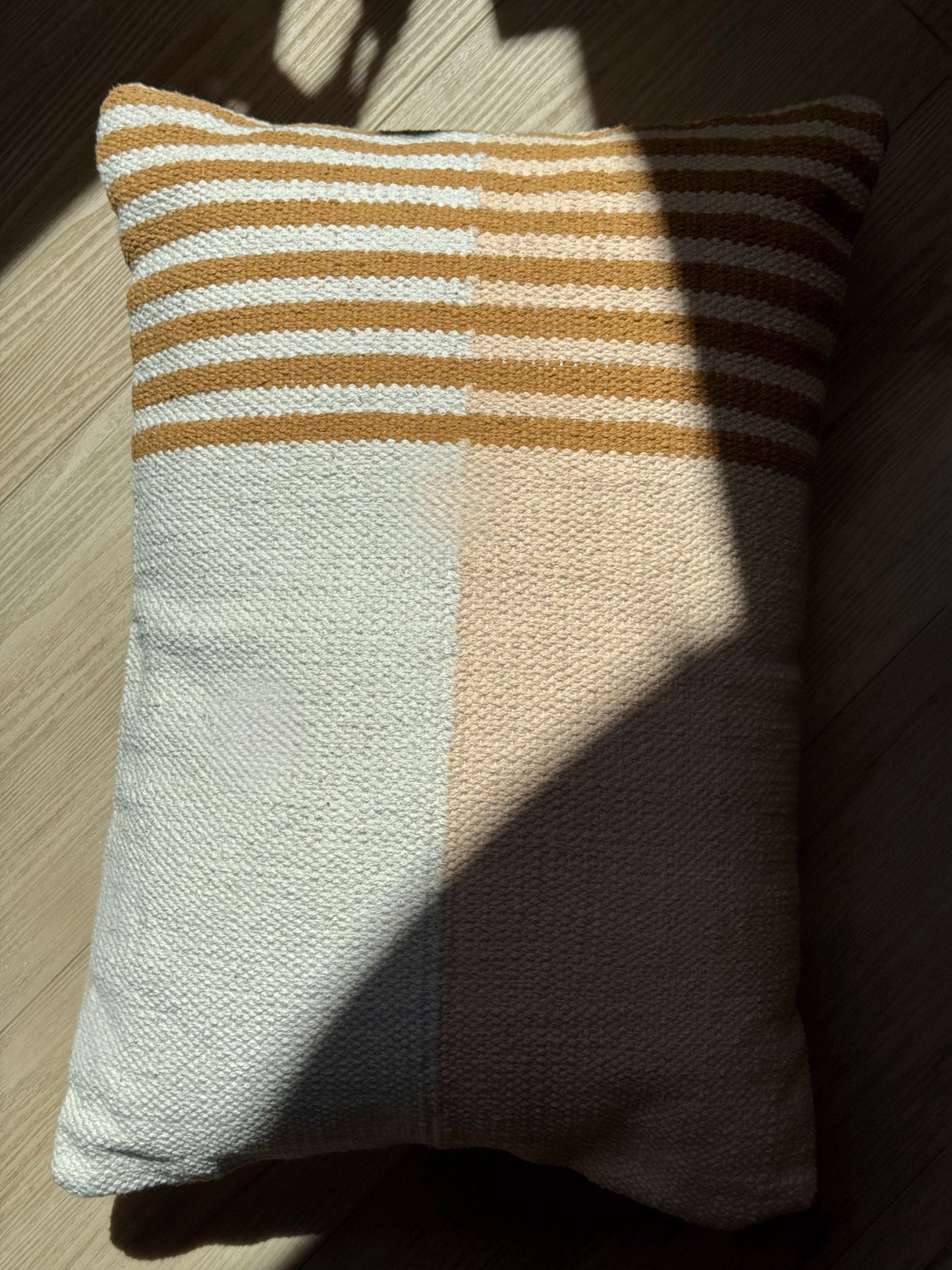 Casa Amarosa Handwoven Lumbar Pillow – Golden Clay Striped Accent (14”x20”)