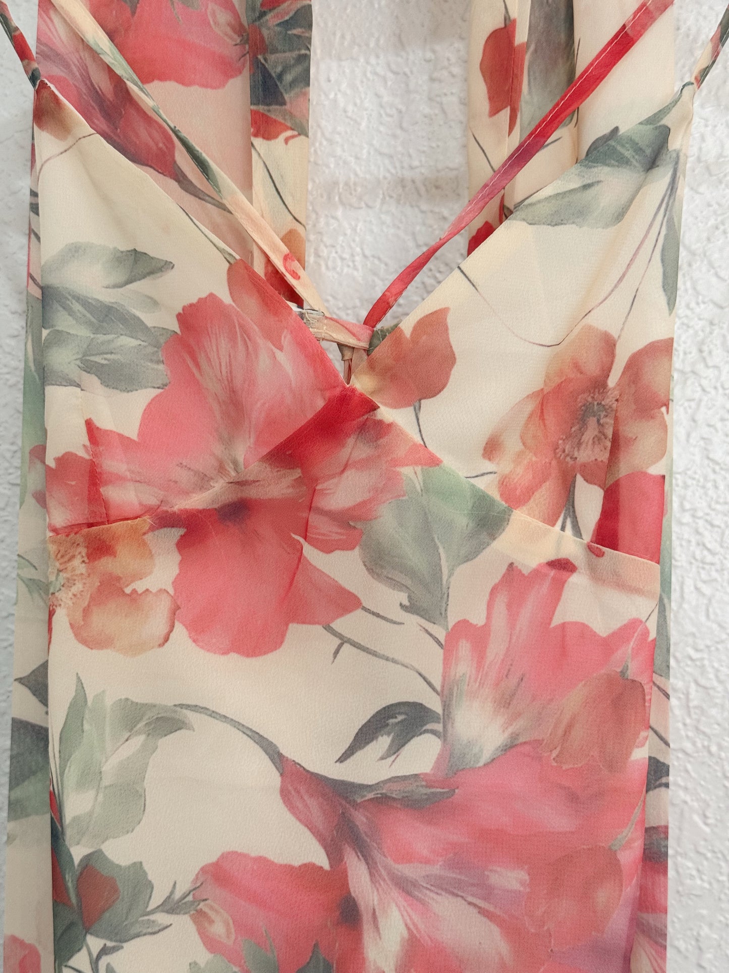 Floral Chiffon Halter Dress with Matching Scarf – Open Back Tie Detail – Size S/M