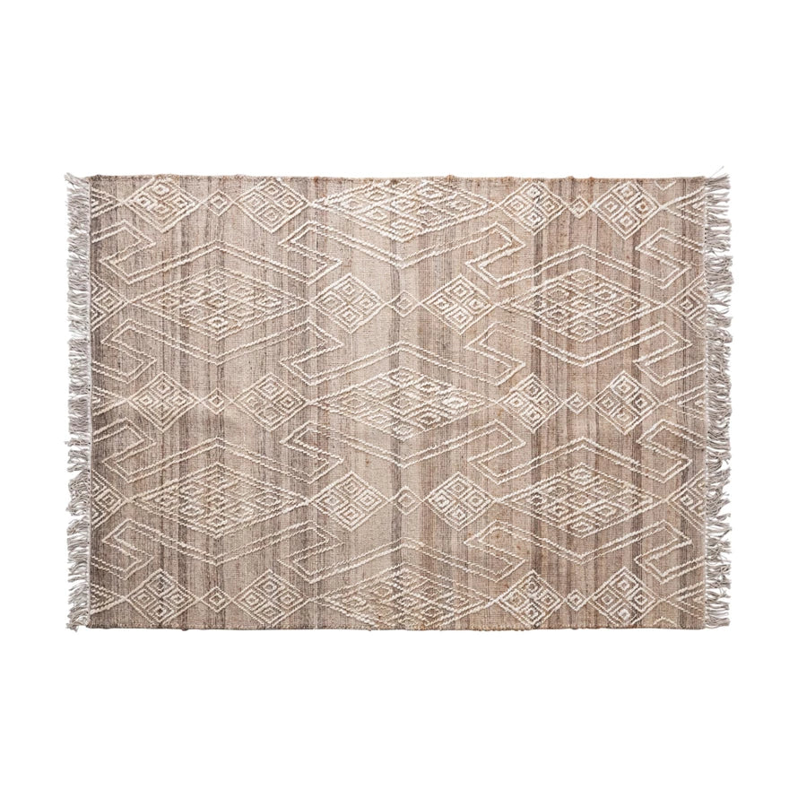 Hand-Woven Jute and Wool Blend Rug with Pattern and Fringe