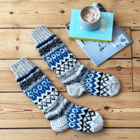 Paperhigh Woollen Fairisle Socks - Natural, Black and Blue