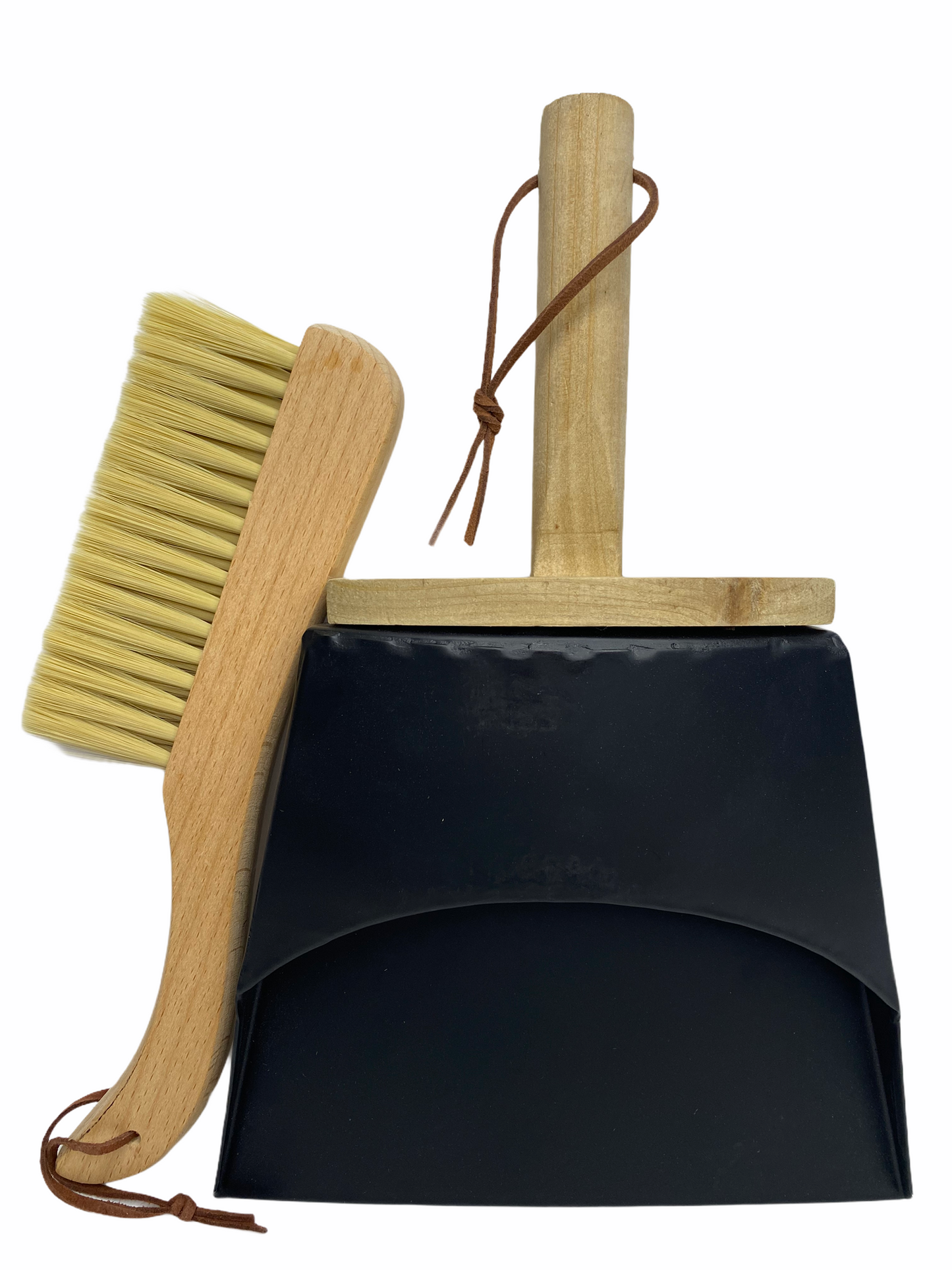 Beech Wood Brush & Metal Dust Pan w/ Leather Straps, Natural & Black, Set of 2